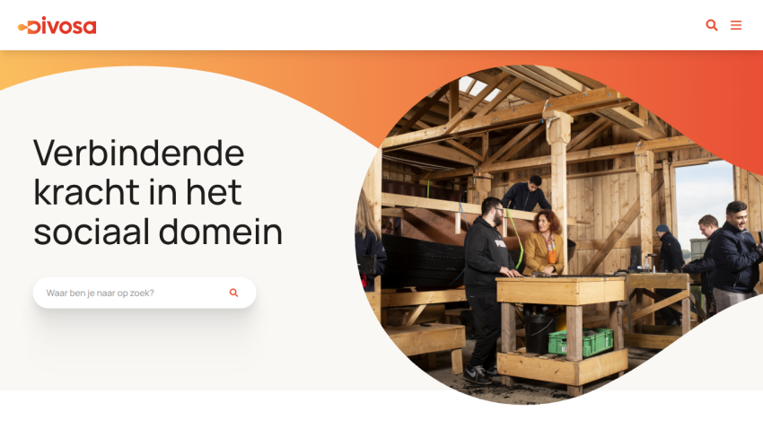 Homepage with header, search bar, and hero text about connecting power in the social domain alongside a workshop image