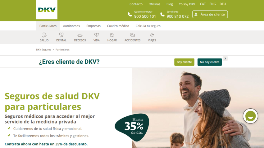 DKV health insurance for individuals with 35% discount, showing happy couple outdoors and contact info
