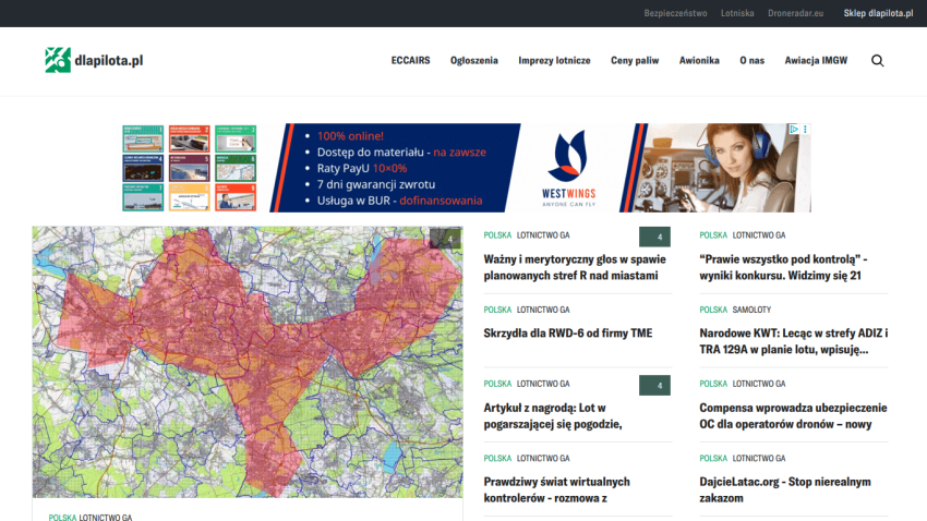 Polish aviation news site with map highlighting restricted zones and recent aviation articles