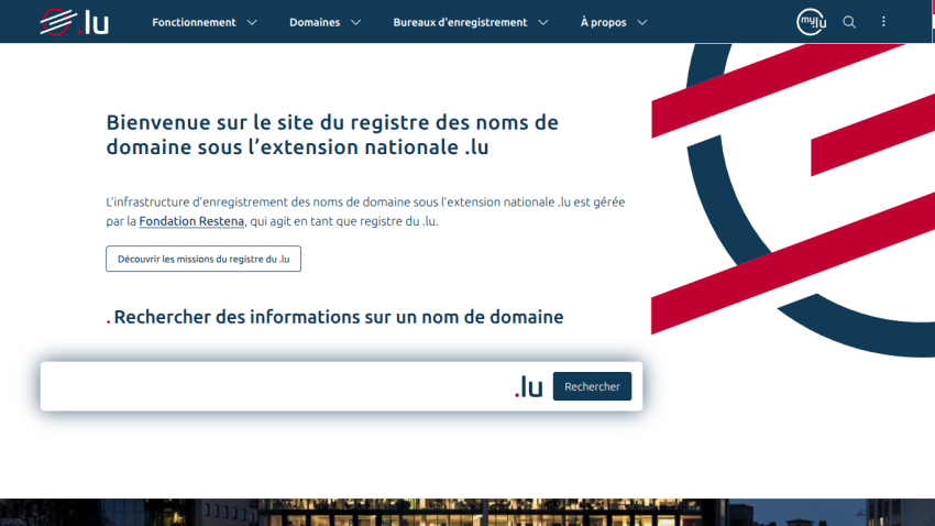 Homepage of the .lu domain registry with a search bar and welcome message.