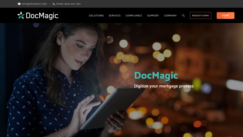 DocMagic website promoting digital mortgage processing with a woman using a tablet.