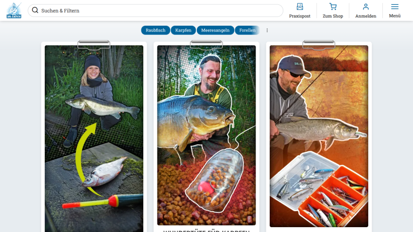 Fishing website with search bar, navigation tabs, and images of people holding large fish and fishing gear