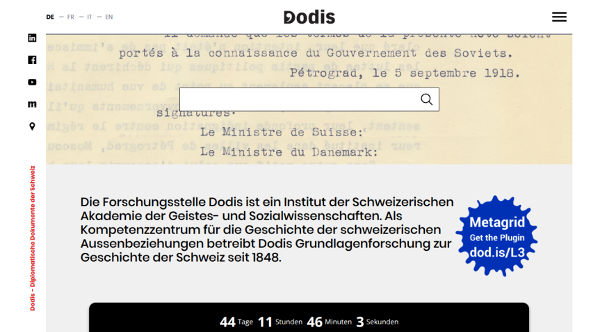 Dodis research institute overview in German describing its role in Swiss history research since 1848 with a Metagrid plugin promotion