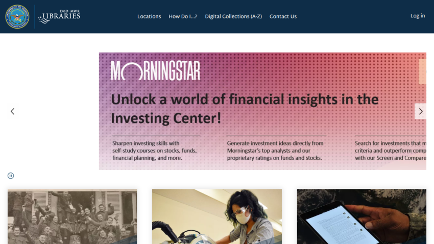 DoD MWR Libraries homepage with navigation links and a financial insights investing center banner