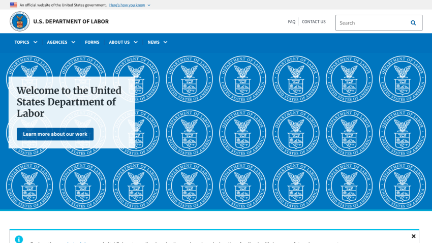 Homepage of the U.S. Department of Labor with welcome message and navigation options.