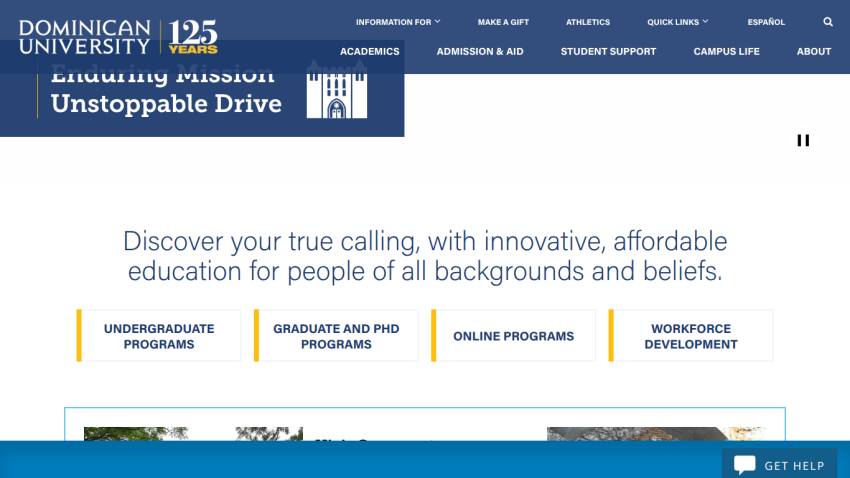Dominican University homepage promoting innovative education with key program links.