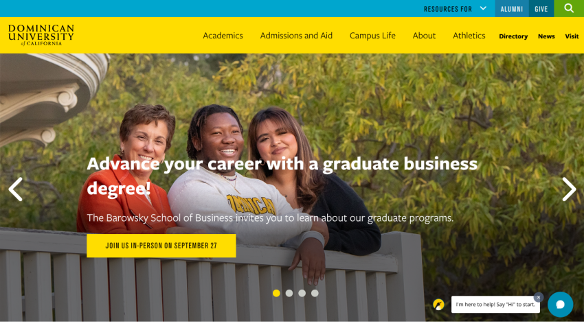 Banner promoting graduate business degree with three smiling women and a call to action.
