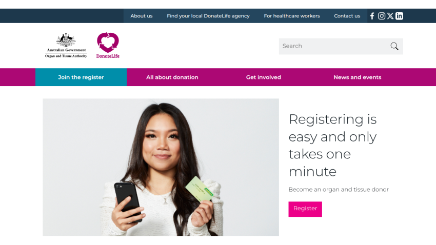 Organ and tissue donation registration page with a woman holding a phone and card, encouraging easy one-minute sign-up