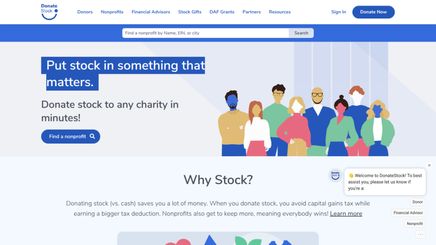 DonateStock homepage with navigation, search bar, and hero section encouraging stock donations to charities