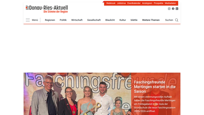 News website Donau-Ries-Aktuell with headline about Faschingsfreunde Mertingen starting the 2025/2026 season