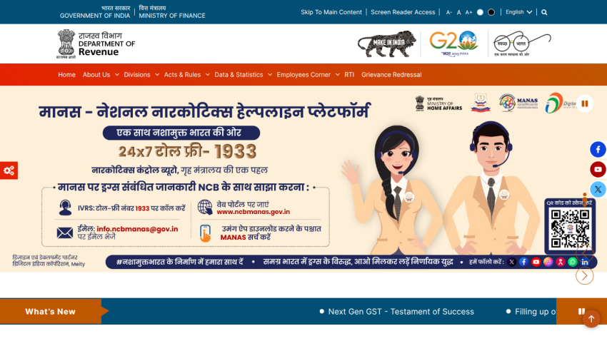 Department of Revenue India website showing National Narcotics Helpline platform details with contact info and navigation menu
