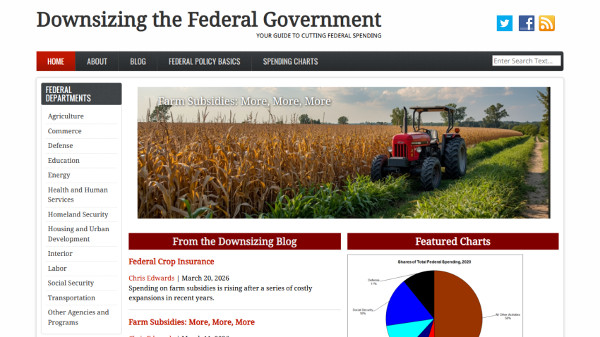 Homepage of 'Downsizing the Federal Government' featuring a tractor in a field and blog highlights.