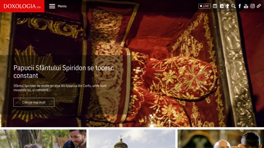 Main section featuring ornate red and gold artifacts with a description about Saint Spiridon's shoes.
