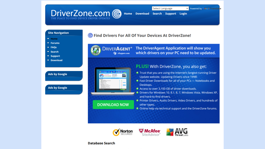 DriverZone homepage offering DriverAgent application download and listing driver update benefits