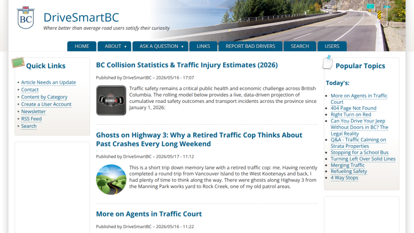 Homepage of DriveSmartBC featuring traffic safety information and quick links.