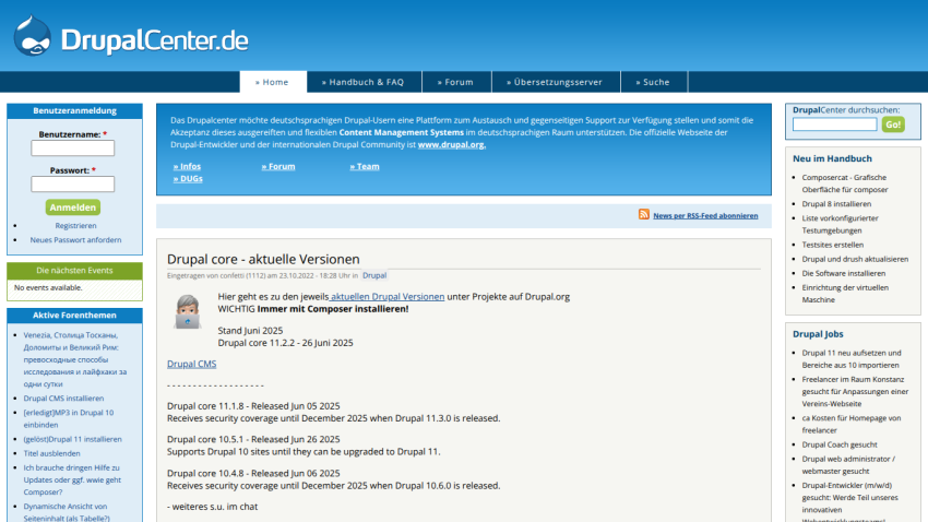 DrupalCenter homepage displaying current versions and updates for Drupal.