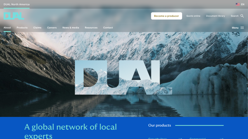 DUAL North America website with mountain lake hero image and text about a global network of local experts