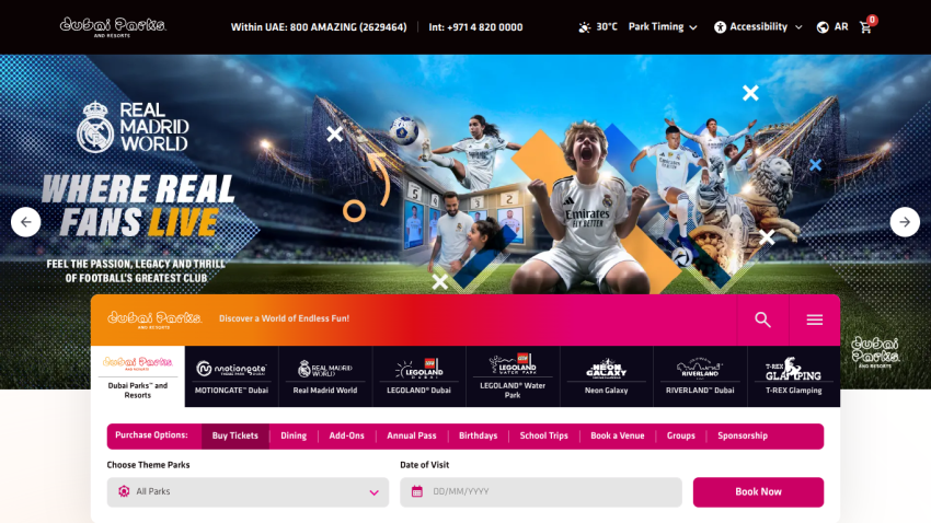Real Madrid official site with navigation, hero banner promoting live fan experiences, and ticket booking section