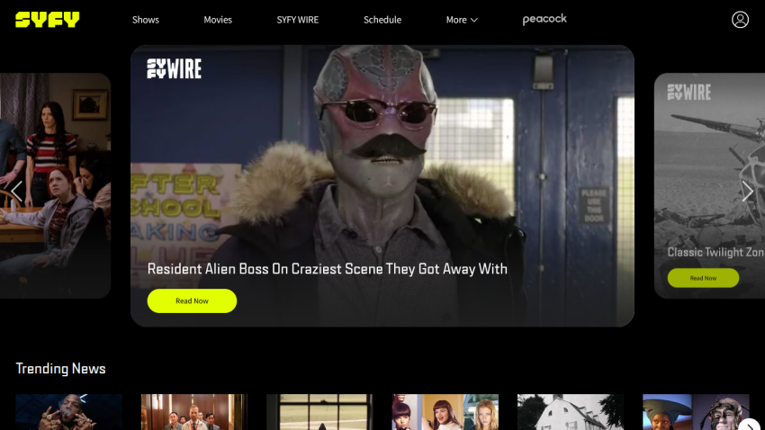 Homepage of Syfy featuring trending shows and news articles.