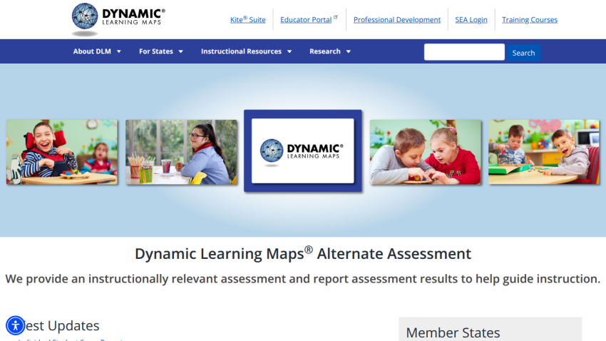 Dynamic Learning Maps Alternate Assessment homepage with key information and images of children learning.