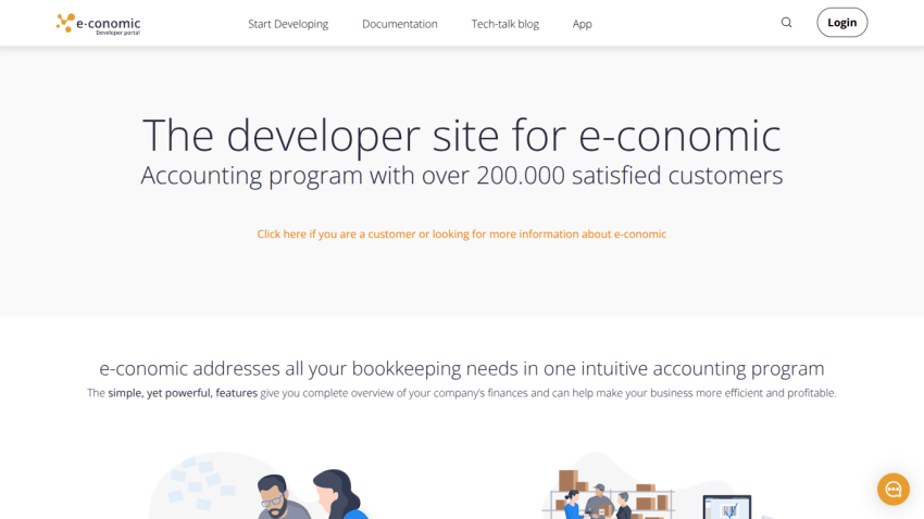 Developer site for e-conomic, showcasing accounting program benefits and customer satisfaction.