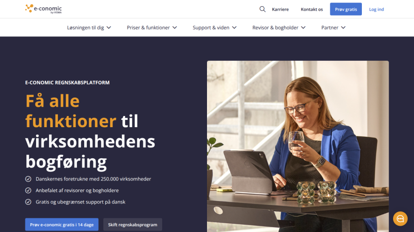 Website offering accounting solutions with a woman using a laptop and key features highlighted.