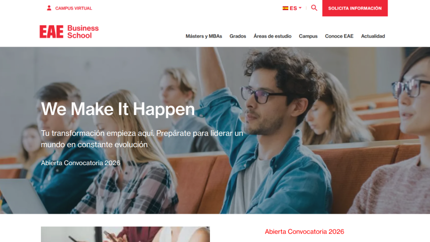 EAE Business School homepage featuring a header and the slogan 'We Make It Happen'.