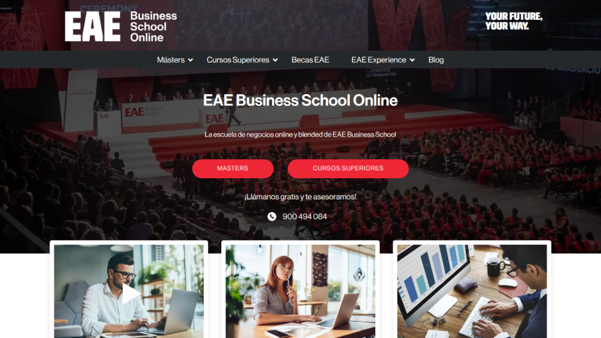 EAE Business School Online homepage with navigation, hero text, call-to-action buttons, and contact number