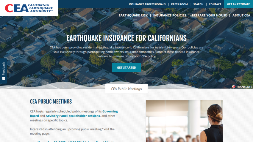 California Earthquake Authority homepage offering earthquake insurance for Californians with navigation and public meetings info