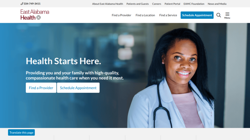 East Alabama Health homepage with headline 'Health Starts Here' and options to find a provider or schedule an appointment