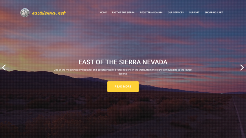 Website about East of the Sierra Nevada with scenic mountain background and navigation menu