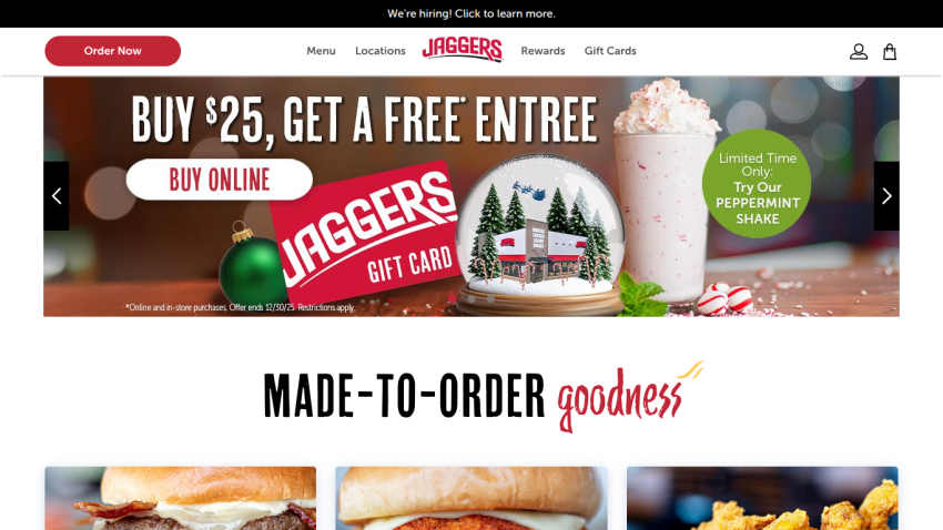 Jaggers restaurant homepage with promotion for free entree with $25 purchase and peppermint shake offer