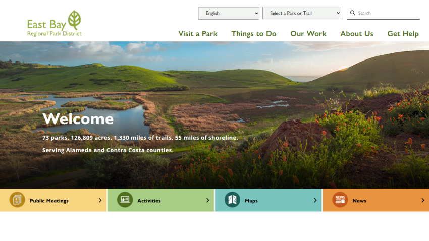 Welcome message and navigation for East Bay Regional Park District website.