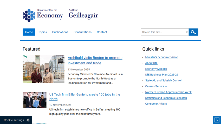 Department for the Economy homepage with news on investment promotion and job creation, plus quick links to economic resources