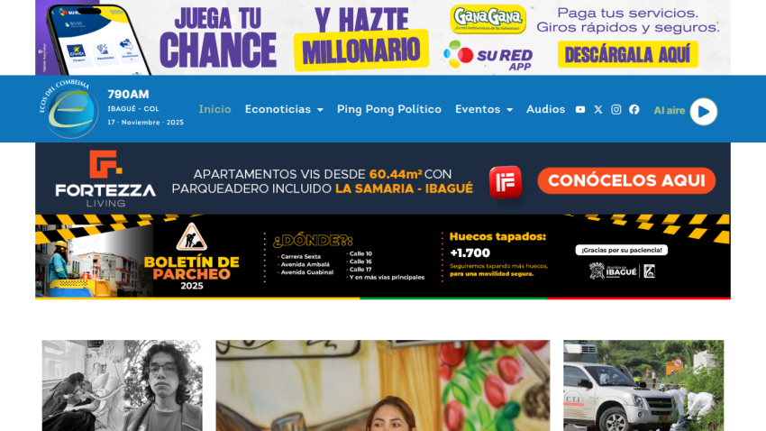 Ecos del Combeima radio site with news, political ping pong, events, and ads for Gana Gana app and Fortezza Living apartments