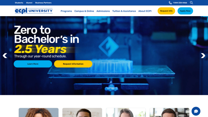 ECPI University homepage promoting a Bachelor's degree in 2.5 years with a request information button.