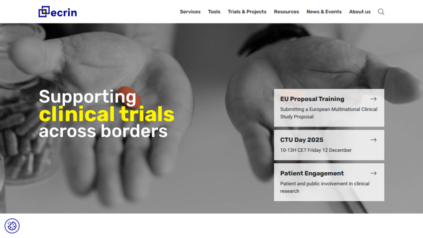 Website supporting clinical trials across borders with navigation and event highlights including EU Proposal Training and CTU Day 2025