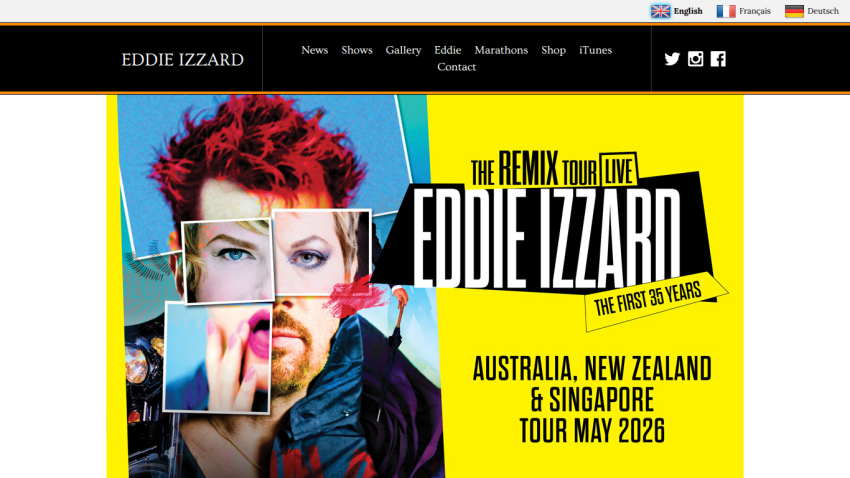 Eddie Izzard Remix Tour Live announcement for Australia, New Zealand, and Singapore in May 2026