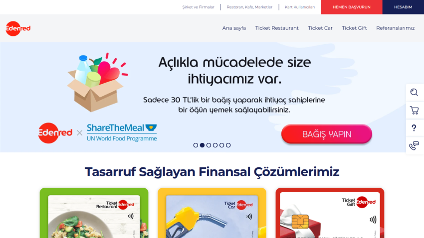 Edenred website promoting hunger relief donations and financial solutions with navigation and call-to-action button