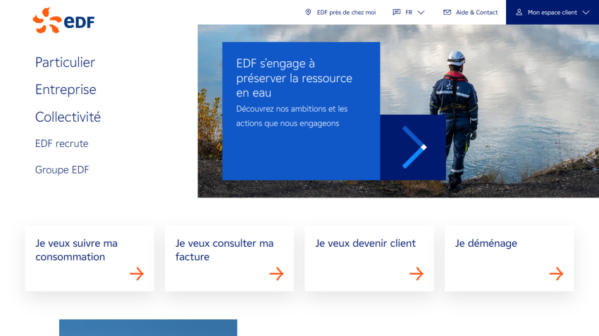 EDF website homepage featuring navigation and a hero image about water resource management.
