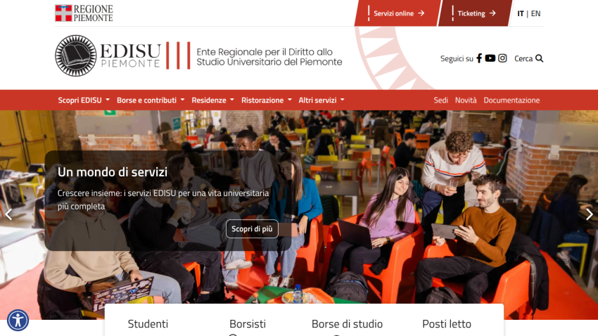 Homepage of EDISU Piemonte featuring students in a study area and service options.