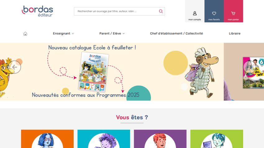 Bordas éditeur website with search bar, navigation for teachers and parents, and new 2025 school catalog promotion