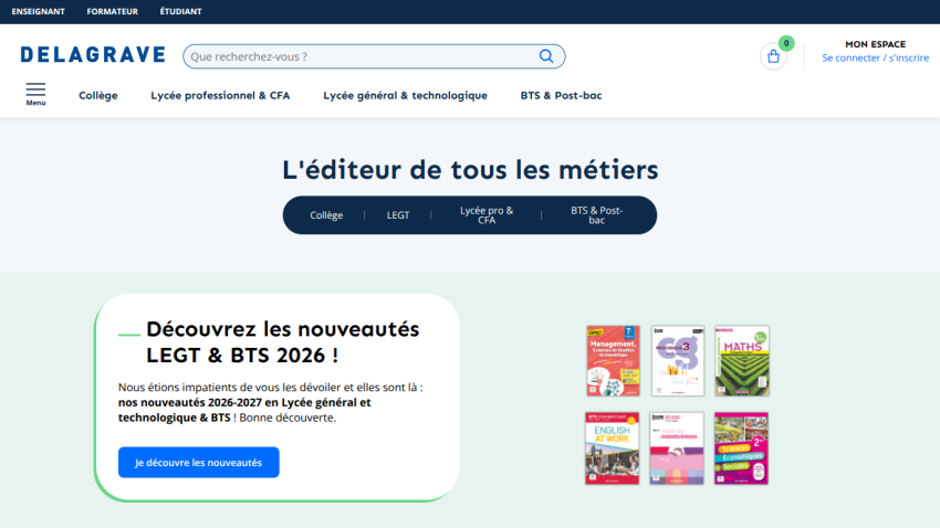 Homepage of Delagrave featuring educational resources and new offerings for 2023-2024.