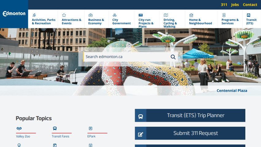 City of Edmonton website homepage featuring navigation and search bar.