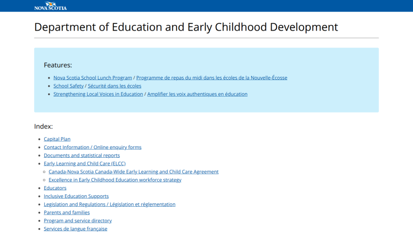 Department of Education and Early Childhood Development features and index list.