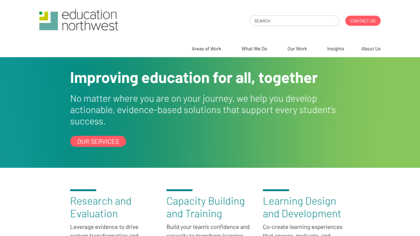 Education Northwest homepage with navigation, search, contact button, and hero text about improving education with actionable solutions