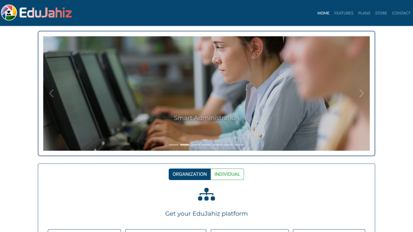 EduJahiz website with navigation menu and hero image showing people working on computers with text Smart Administration