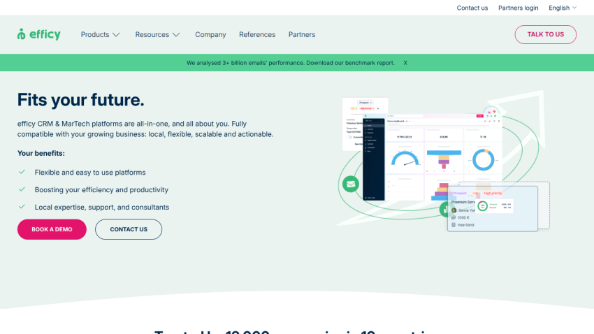 Efficy CRM and MarTech platform homepage with benefits and call-to-action buttons for demo and contact