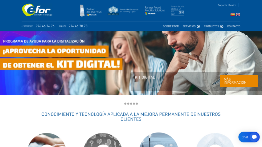 Efor digital services website offering digitalization programs and a digital kit with contact options
