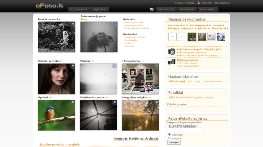 eFoto.lt homepage with photo categories like portraits, landscapes, animals, and photo school, plus latest photos and announcements